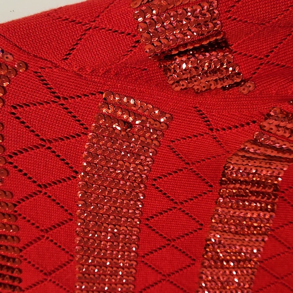Berek Red Sequin Knit Cardigan Sweater Zip Front Long Sleeves Large - Picture 8 of 8